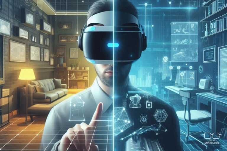 Ilustração comparativa entre realidade virtual vs. realidade aumentada