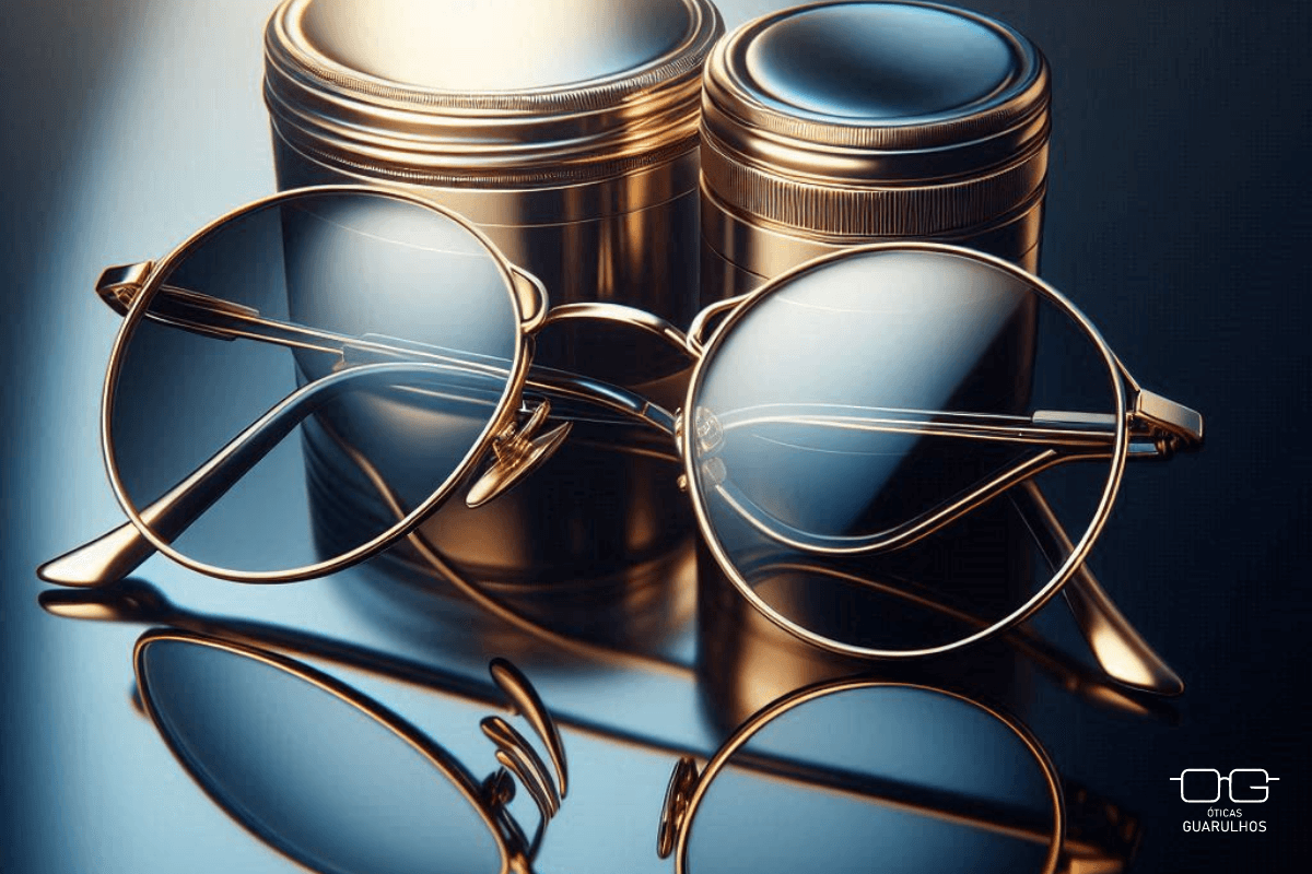 uma imagem de óculos de metal clássicos e modernos sobre uma superfície elegante