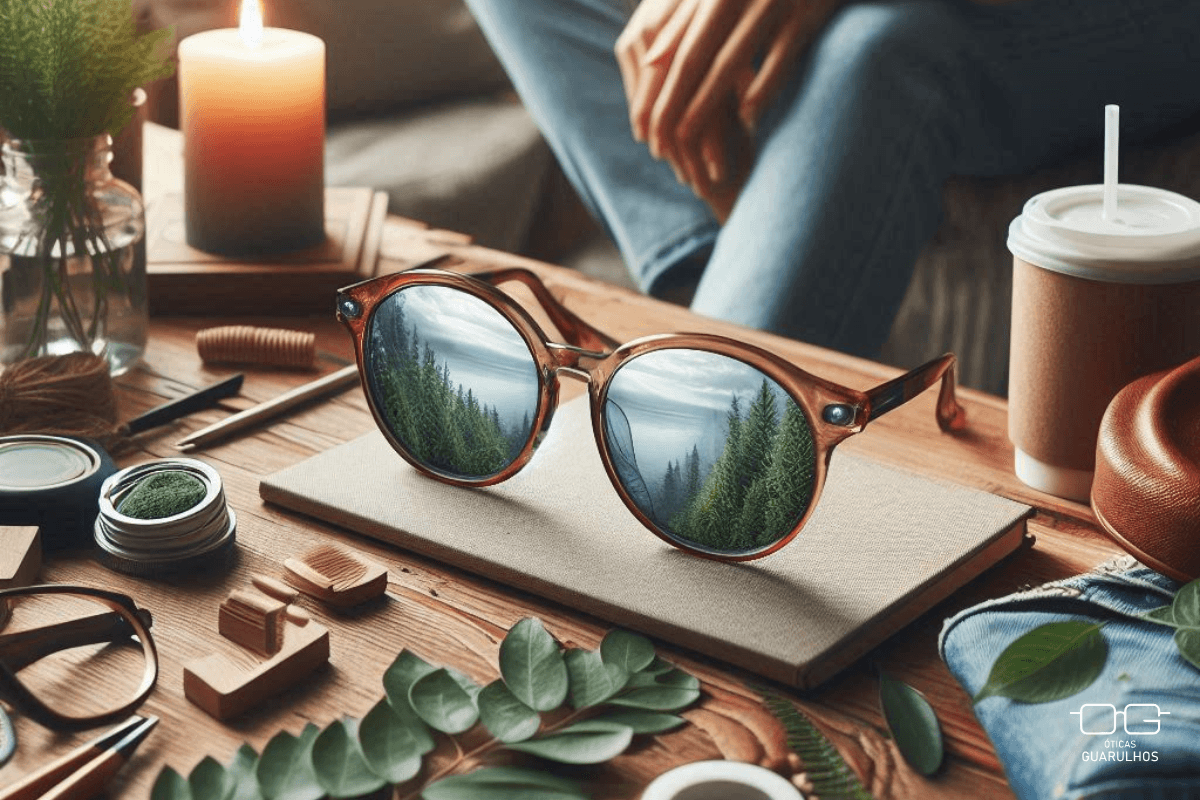 Óculos sustentáveis feitos com materiais ecológicos, combinando conforto e estilo.