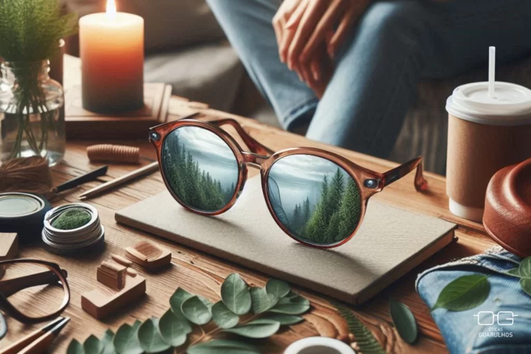 Óculos sustentáveis feitos com materiais ecológicos, combinando conforto e estilo.